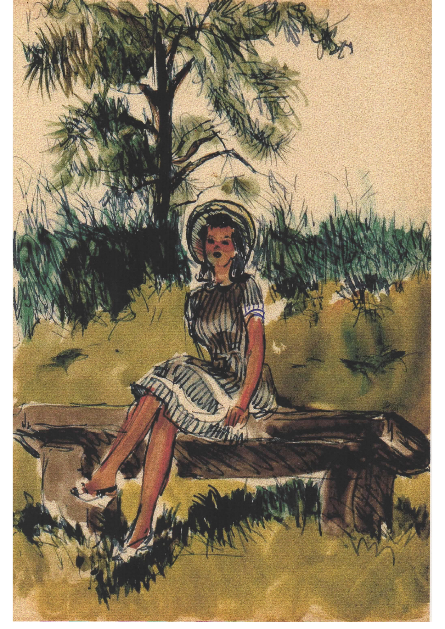 Virginia Withers Sits in a Striped Dress